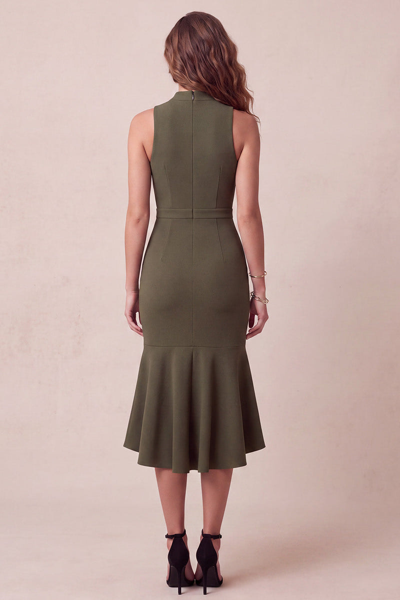 Load image into Gallery viewer, Olive Mermaid Ruffled High Neck Midi Cocktail Dress