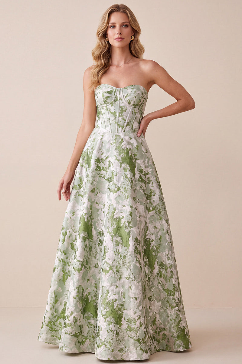 Load image into Gallery viewer, A Line Sage Green Floral Corset Sweetheart Long Wedding Guest Dress