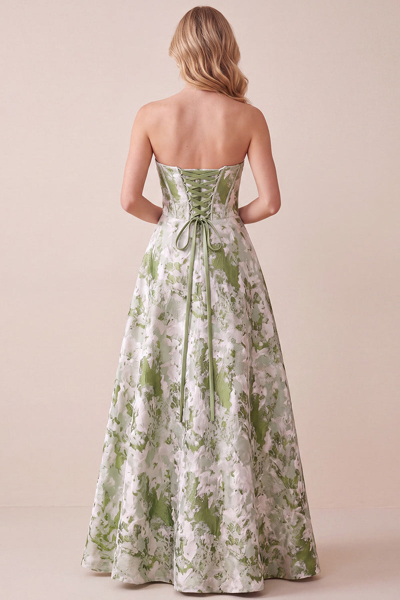 Load image into Gallery viewer, A Line Sage Green Floral Corset Sweetheart Long Wedding Guest Dress