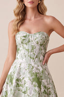 Load image into Gallery viewer, A Line Sage Green Floral Corset Sweetheart Long Wedding Guest Dress