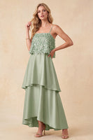 Load image into Gallery viewer, Light Green Tiered A Line Sparkly High-Low Wedding Guest Dress with Sequins