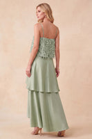 Load image into Gallery viewer, Light Green Tiered A Line Sparkly High-Low Wedding Guest Dress with Sequins