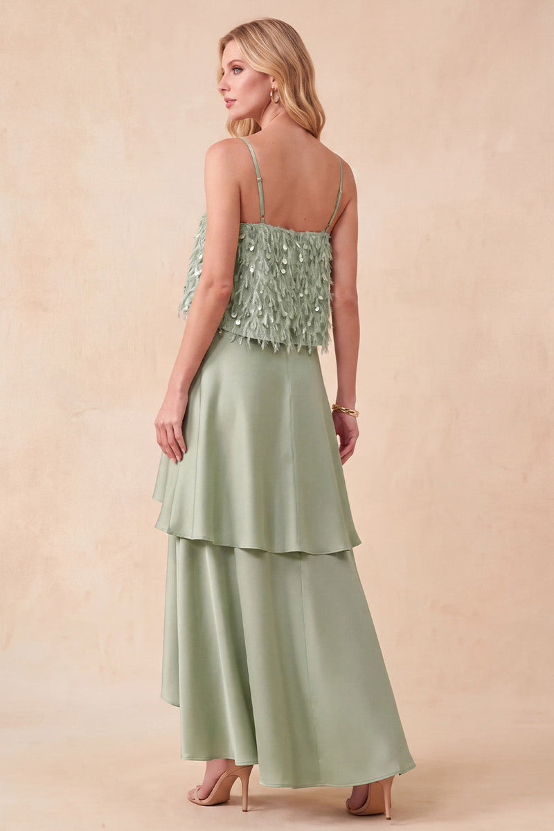 Load image into Gallery viewer, Light Green Tiered A Line Sparkly High-Low Wedding Guest Dress with Sequins