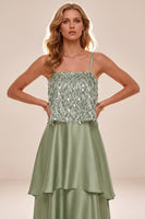 Load image into Gallery viewer, Light Green Tiered A Line Sparkly High-Low Wedding Guest Dress with Sequins