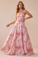Load image into Gallery viewer, Sparkly Pink A Line Floral Sequin Strapless Long Wedding Guest Dress