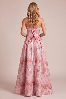 Sparkly Pink A Line Floral Sequin Strapless Long Wedding Guest Dress