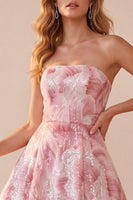 Load image into Gallery viewer, Sparkly Pink A Line Floral Sequin Strapless Long Wedding Guest Dress