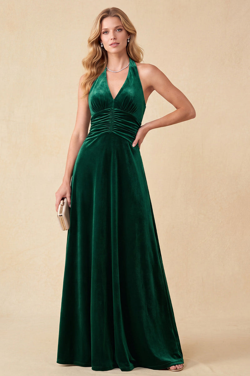 Load image into Gallery viewer, Velvet Dark Green A Line Ruched Halter Long wedding guest Dress