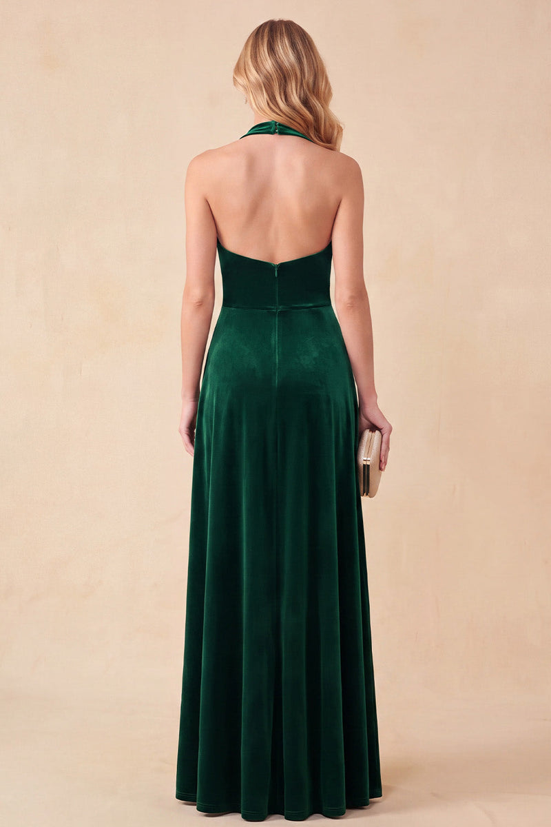 Load image into Gallery viewer, Velvet Dark Green A Line Ruched Halter Long wedding guest Dress