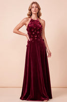 Load image into Gallery viewer, Burgundy Velvet A Line Sparkly Beaded Halter Long Evening Dress with 3D Flowers