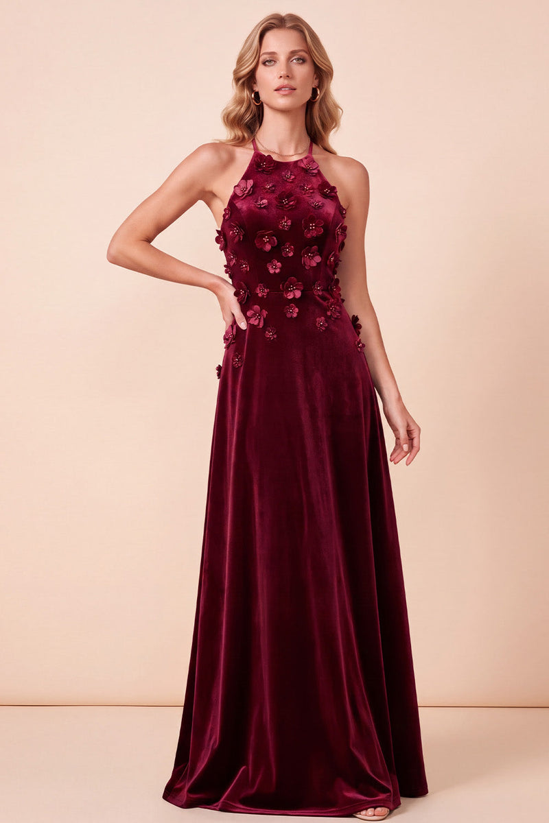 Load image into Gallery viewer, Burgundy Velvet A Line Sparkly Beaded Halter Long Evening Dress with 3D Flowers