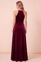 Load image into Gallery viewer, Burgundy Velvet A Line Sparkly Beaded Halter Long Evening Dress with 3D Flowers