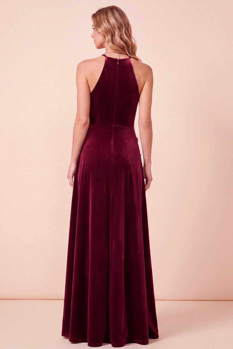 Load image into Gallery viewer, Burgundy Velvet A Line Sparkly Beaded Halter Long Evening Dress with 3D Flowers