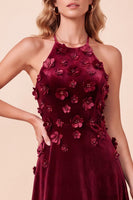 Load image into Gallery viewer, Burgundy Velvet A Line Sparkly Beaded Halter Long Evening Dress with 3D Flowers
