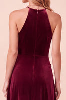 Load image into Gallery viewer, Burgundy Velvet A Line Sparkly Beaded Halter Long Evening Dress with 3D Flowers