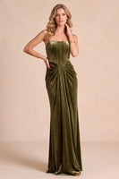 Load image into Gallery viewer, Olive Sheath Corset Ruched Velvet Strapless Long Evening Dress