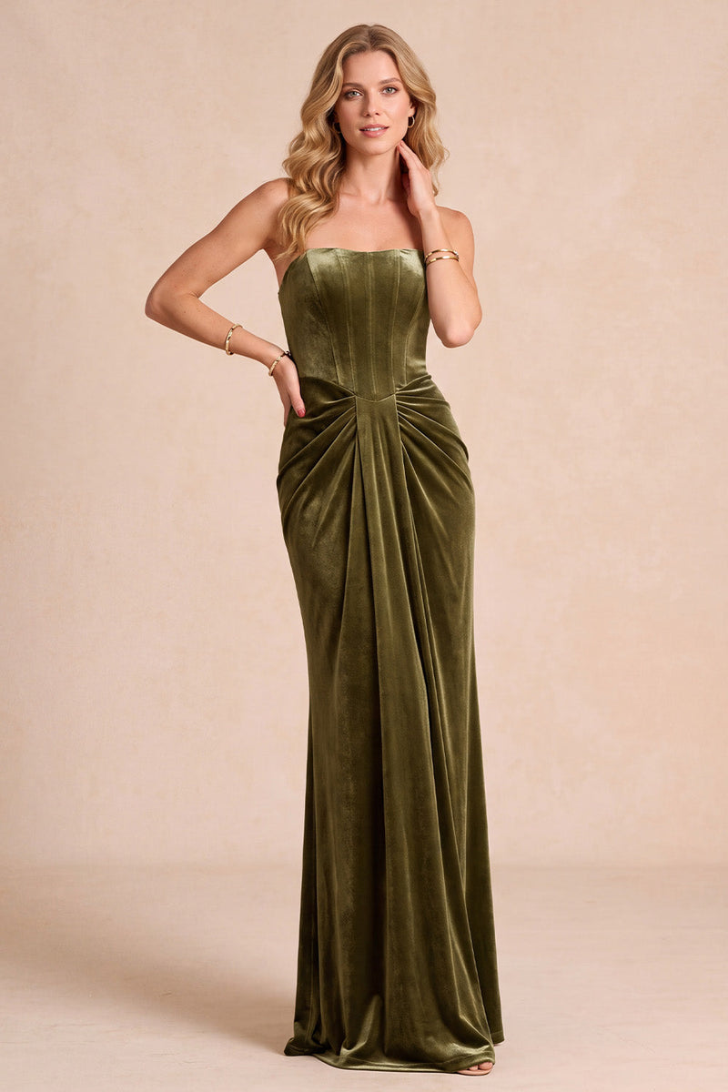 Load image into Gallery viewer, Olive Sheath Corset Ruched Velvet Strapless Long Evening Dress