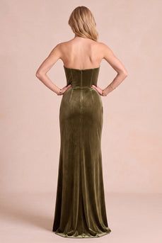 Olive Sheath Corset Ruched Velvet Strapless Long Evening Dress