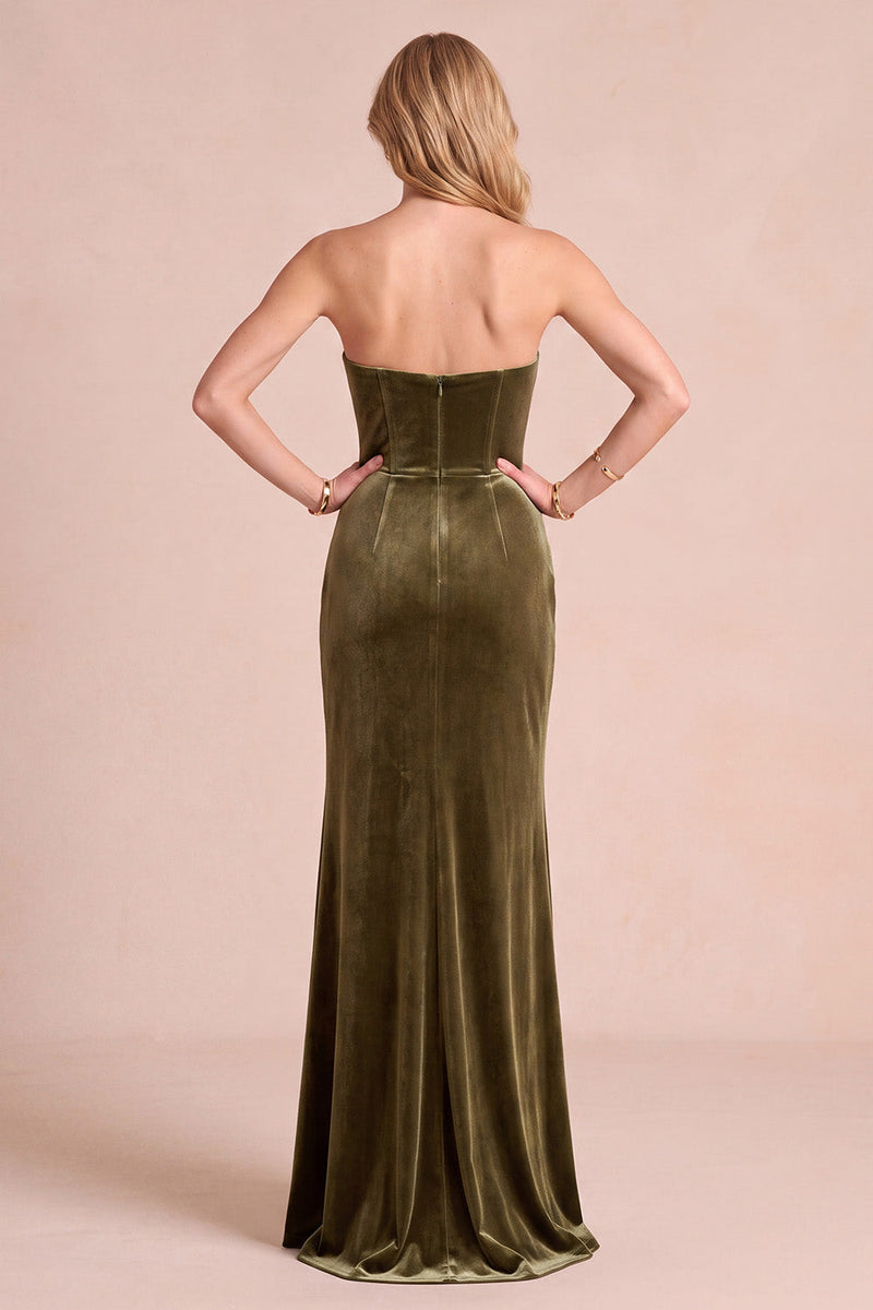 Load image into Gallery viewer, Olive Sheath Corset Ruched Velvet Strapless Long Evening Dress