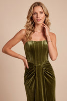 Load image into Gallery viewer, Olive Sheath Corset Ruched Velvet Strapless Long Evening Dress