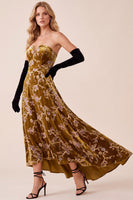 Load image into Gallery viewer, A Line Mustard Gold Velvet Floral Strapless High-Low Evening Dress