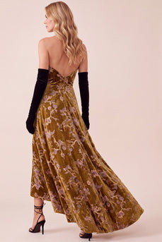 A Line Mustard Gold Velvet Floral Strapless High-Low Evening Dress