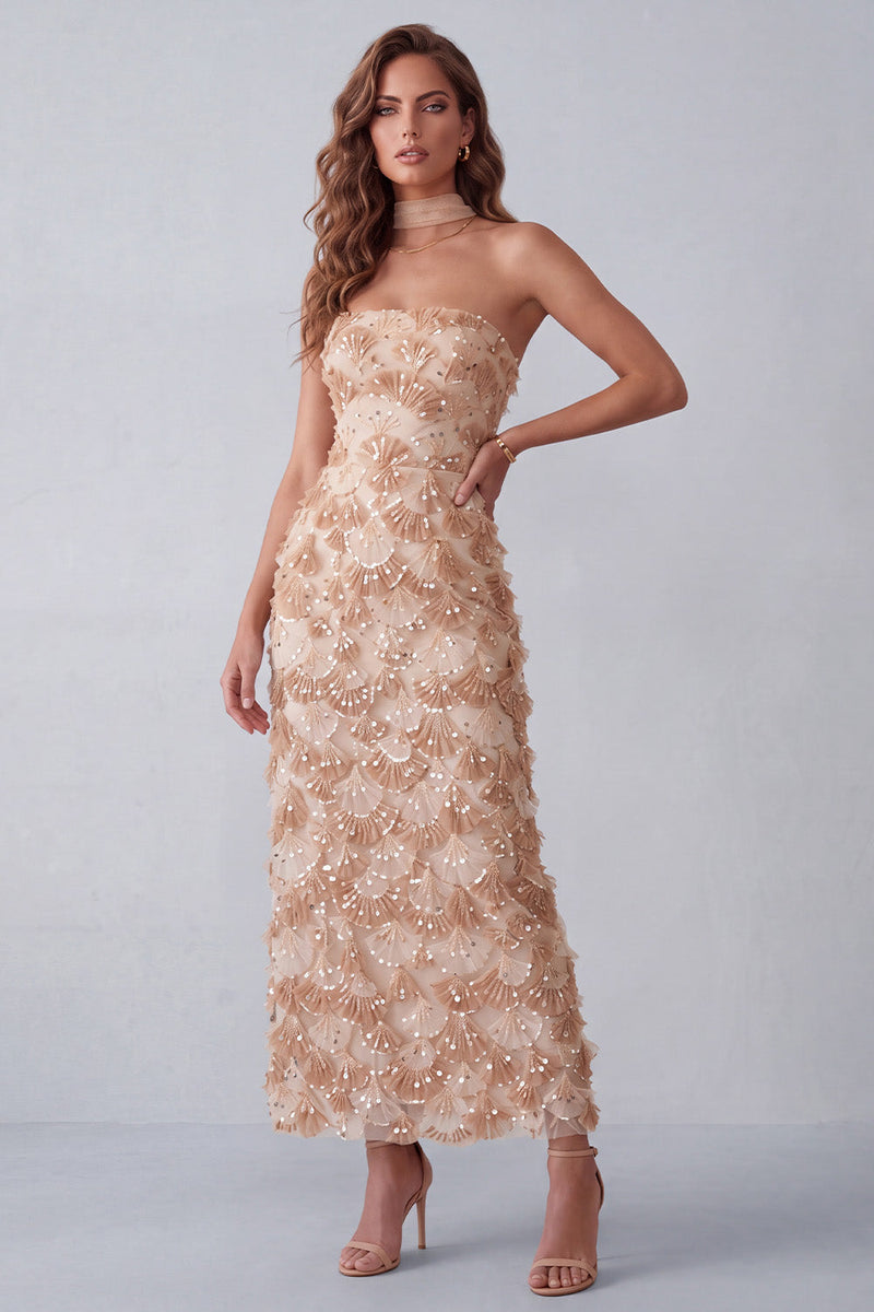 Load image into Gallery viewer, Sparkly Khaki Floral Sheath Strapless Long Evening Dress with Sequins