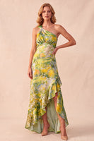 Load image into Gallery viewer, Yellow Sheath Ruffled Floral One Shoulder High-Low Wedding Guest Dress with Slit