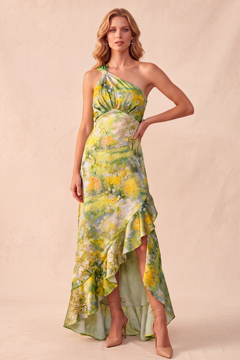 Load image into Gallery viewer, Yellow Sheath Ruffled Floral One Shoulder High-Low Wedding Guest Dress with Slit