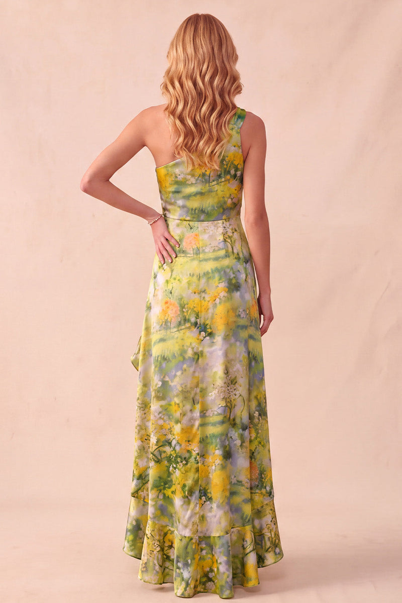 Load image into Gallery viewer, Yellow Sheath Ruffled Floral One Shoulder High-Low Wedding Guest Dress with Slit