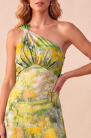 Load image into Gallery viewer, Yellow Sheath Ruffled Floral One Shoulder High-Low Wedding Guest Dress with Slit