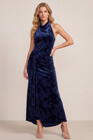 Load image into Gallery viewer, Navy Sheath Ruched Velvet Halter Floral Long Wedding Guest Dress with Sash