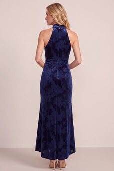 Navy Sheath Ruched Velvet Halter Floral Long Wedding Guest Dress with Sash