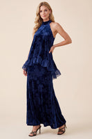 Load image into Gallery viewer, A Line Navy Velvet Floral Ruffled Halter Two Piece Long Wedding Guest Dress