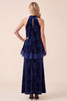 Load image into Gallery viewer, A Line Navy Velvet Floral Ruffled Halter Two Piece Long Wedding Guest Dress
