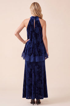 A Line Navy Velvet Floral Ruffled Halter Two Piece Long Wedding Guest Dress