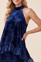 Load image into Gallery viewer, A Line Navy Velvet Floral Ruffled Halter Two Piece Long Wedding Guest Dress