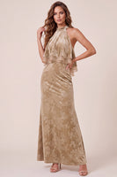 Load image into Gallery viewer, Champagne Velvet Ruffled Floral Sheath Long Wedding Guest Dress