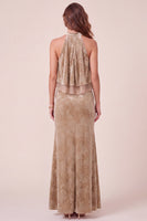 Load image into Gallery viewer, Champagne Velvet Ruffled Floral Sheath Long Wedding Guest Dress