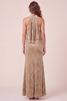 Champagne Velvet Ruffled Floral Sheath Long Wedding Guest Dress