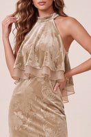 Load image into Gallery viewer, Champagne Velvet Ruffled Floral Sheath Long Wedding Guest Dress