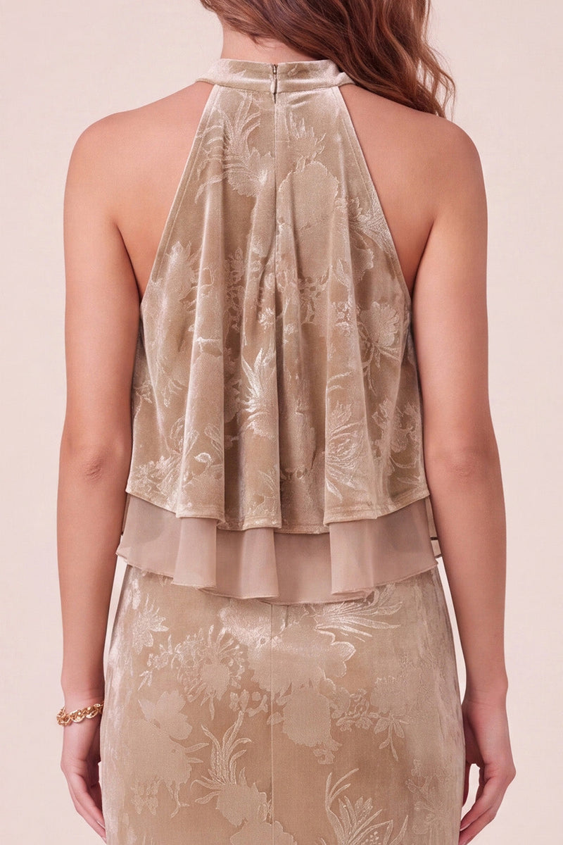 Load image into Gallery viewer, Champagne Velvet Ruffled Floral Sheath Long Wedding Guest Dress
