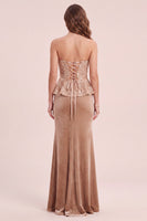 Load image into Gallery viewer, Sheath Sparkly Khaki Velvet Ruffled Floral Long Wedding Guest Dress with Sequins