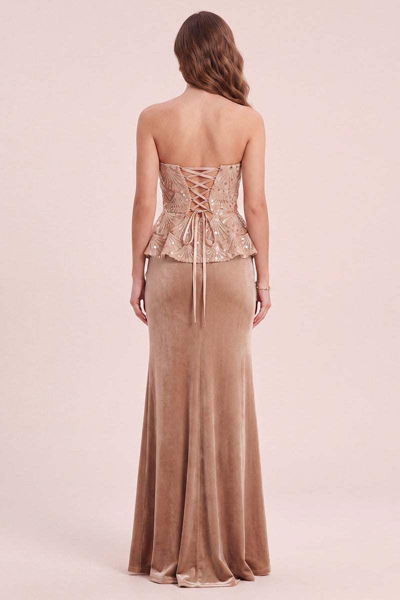 Load image into Gallery viewer, Sheath Sparkly Khaki Velvet Ruffled Floral Long Wedding Guest Dress with Sequins