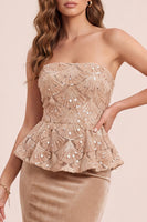 Load image into Gallery viewer, Sheath Sparkly Khaki Velvet Ruffled Floral Long Wedding Guest Dress with Sequins