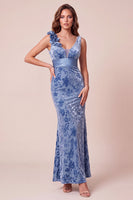 Load image into Gallery viewer, Velvet Blue Mermaid V-Neck Long Wedding Guest Dress with 3D Flowers