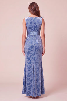Velvet Blue Mermaid V-Neck Long Wedding Guest Dress with 3D Flowers