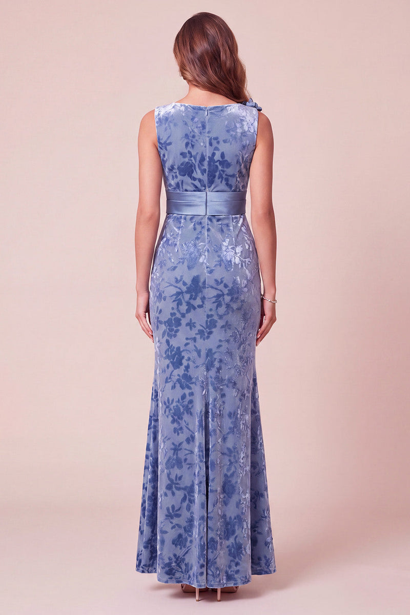 Load image into Gallery viewer, Velvet Blue Mermaid V-Neck Long Wedding Guest Dress with 3D Flowers