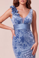 Load image into Gallery viewer, Velvet Blue Mermaid V-Neck Long Wedding Guest Dress with 3D Flowers