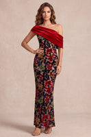 Load image into Gallery viewer, Mermaid Red Velvet Floral Ruched Asymmetrical Neck Long Evening Dress with Slit